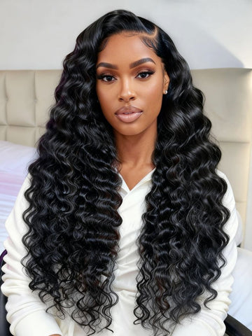 Klaiyi 13x4 Pre-Everything Crimp Deep Curl Lace Frontal Wig High-Volume Loose Deep Wave with Invisi-Drawstring