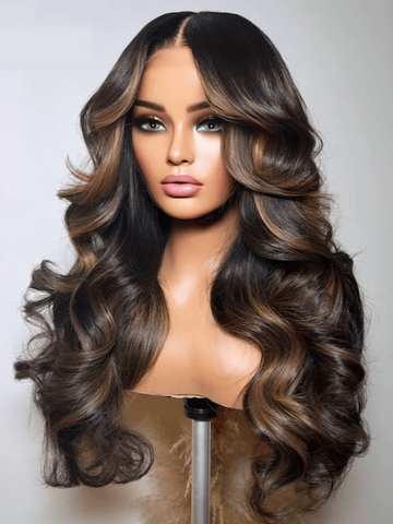 20"-24" Flash Sale Klaiyi 7x5 Bye Bye Knots Glueless Lace Closure Wig Espresso Brown With Blonde Highlights Human Hair Wig
