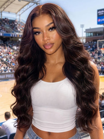 Klaiyi 7x5 No-Slip Glueless Lace Wig Dark Auburn Loose Wave Human Hair Wig With Curtain Bangs