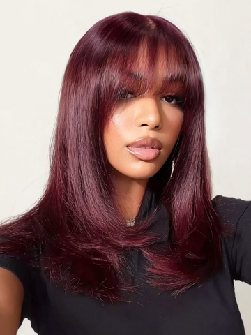 Klaiyi Black Cherry 7x5 Bye Bye Knots Layered Wolf Cut with Wispy Bangs Mid-length Sleek Bob Glueless Lace wig with Invisi Drawstring