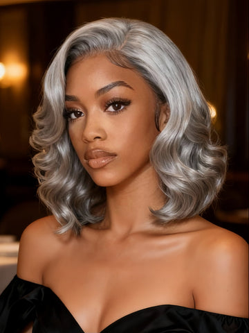 Klaiyi Salt and Pepper Layered Bob Glueless Pre-Cut T-part Lace Grey Wig