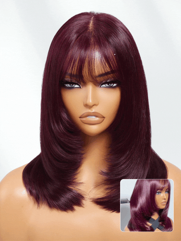 Klaiyi Black Cherry 7x5 Bye Bye Knots Layered Wolf Cut with Wispy Bangs Mid-length Sleek Bob Glueless Lace wig with Invisi Drawstring