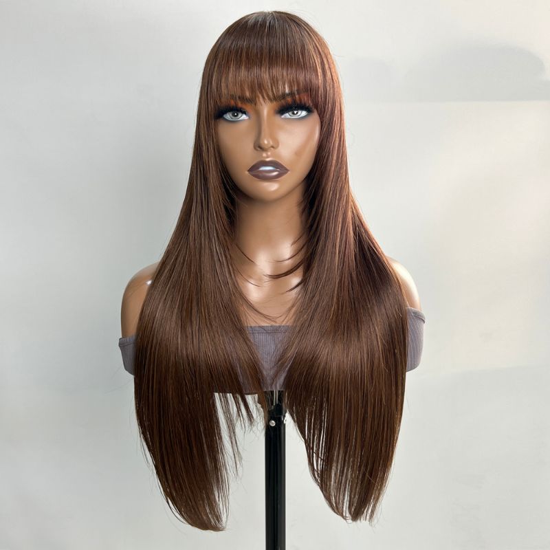 Klaiyi Mocha Brown Bone Straight Wig With Bang Machine Made Human Hair Flash Sale