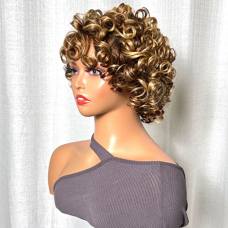 Klaiyi Glueless Blonde Highlight Big Curly Fringe Wig Machine Made Human Hair Wigs