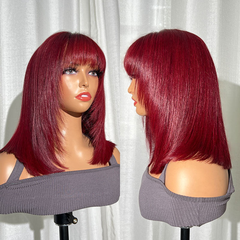 Sencond Wig Only $10 |  Klaiy Burgundy Bob Wig bangs with layers Human Hair Lace Front Wig