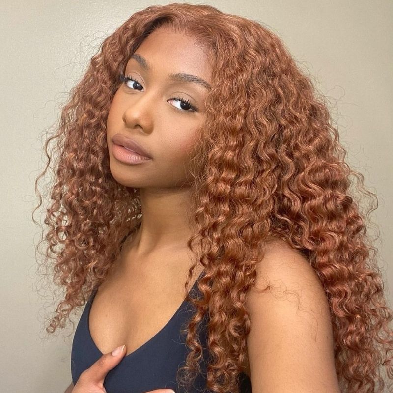 Klaiyi Medium Auburn Brown Colored Jerry Curly Lace Front Wigs Virgin Human Hair Ginger Color Wigs Flash Sale