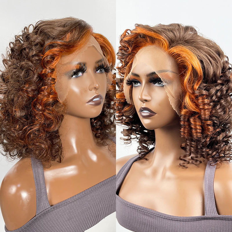 Klaiyi Chocolate Brown Mixed Ginger Orange Big Curly Lace Part Bob Wig