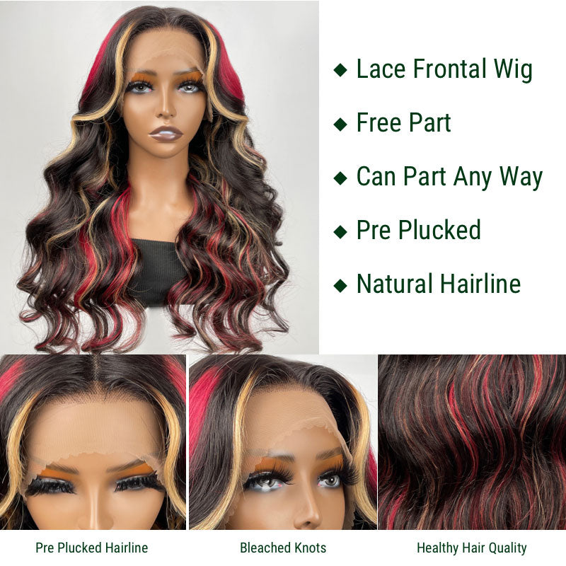 Klaiyi Multi Color Highlights 7x5 Bye Bye Knots/13x4 Lace Front Blonde And Red Body Wave Wigs Human Hair