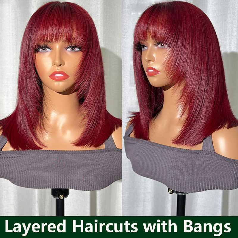 Sencond Wig Only $10 |  Klaiy Burgundy Bob Wig bangs with layers Human Hair Lace Front Wig