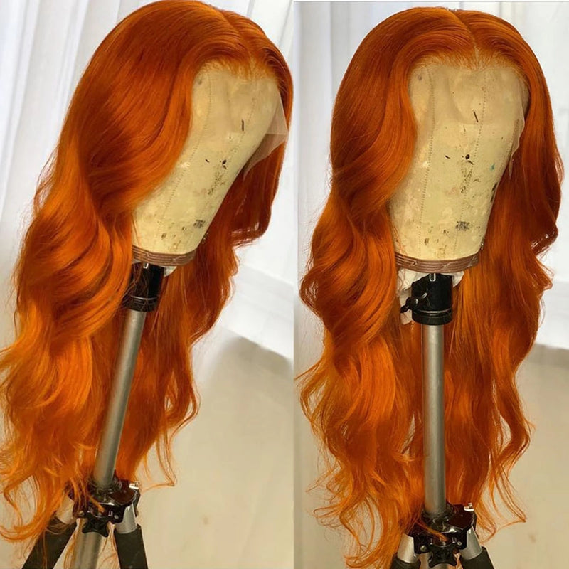 Klaiyi Cinnamon Color Lace Frontal Wig Human Hair Body Wave Ginger Wigs with Baby Hair Natural Density Series