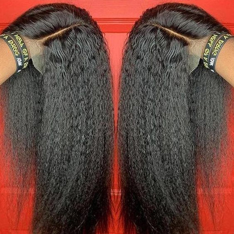 Klaiyi Kinky Straight Lace Closure Wig T Part Human Hair Natural Density Supernatural and Realistic 13x4 Lace Front Wigs