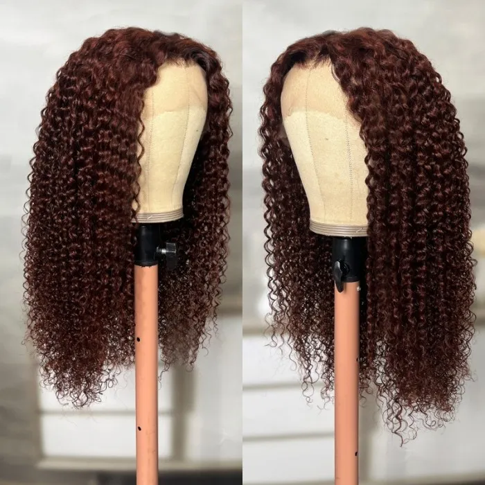 Klaiyi Pre-Cut Lace Wig Put On and Go Reddish Brown Lace Wig Jerry Curl Wig