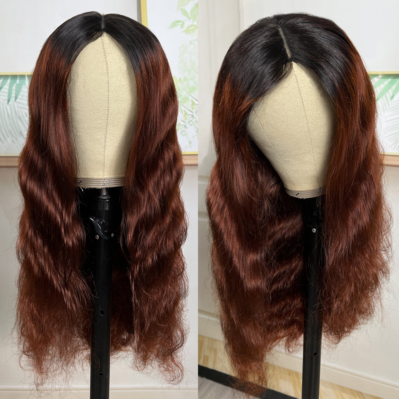 Klaiyi 180% Hollow Net V Part Air Wig Dark Root Brunette Auburn Brown Human Hair Scalp Protective Flash Sale