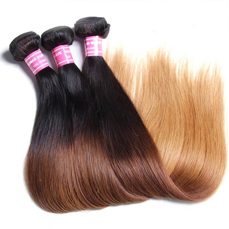 Klaiyi Ombre Human Hair Weave Bone Straight 3 or 4 Bundles Deals #1B/4/27 Color