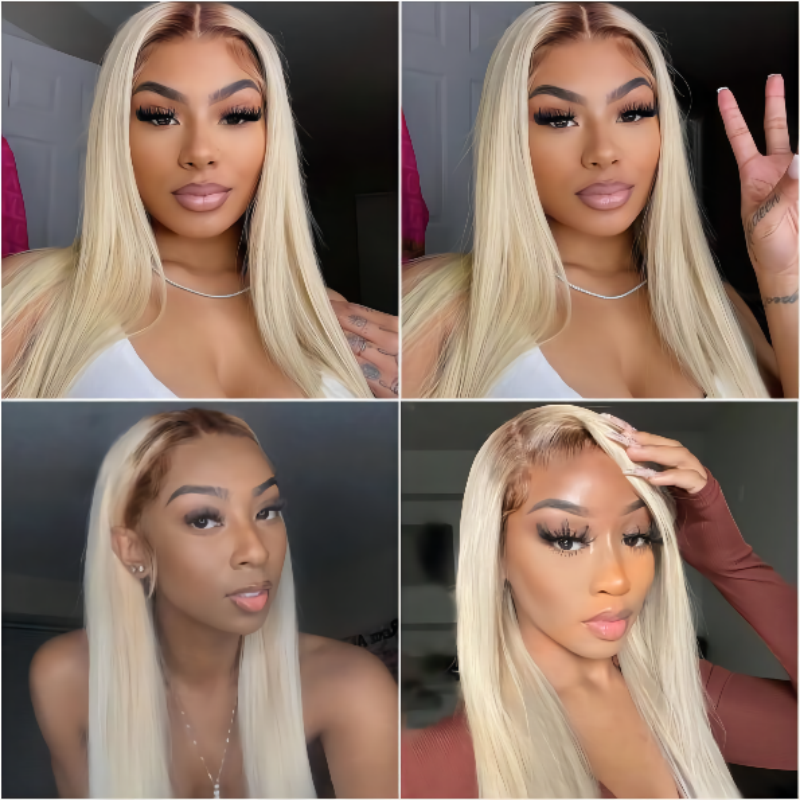 Klaiyi Blonde Straight 13x4 Lace Front Wigs Ombre T4/613 Brown Roots Human Hair Wigs