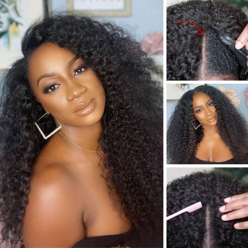 Klaiyi Jerry Curly V Part Wig Protective Real Scalp Natural Density Summer Glueless Wigs