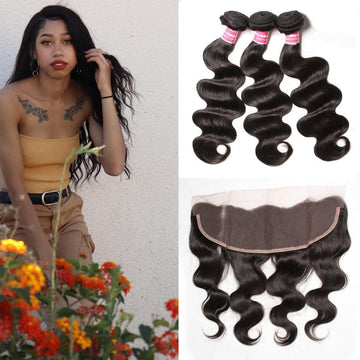 Klaiyi Malaysian Body Wave 3 Bundles with Ear To Ear Lace Frontal Closure, 100% Virgin Human Hair Weave Bundles