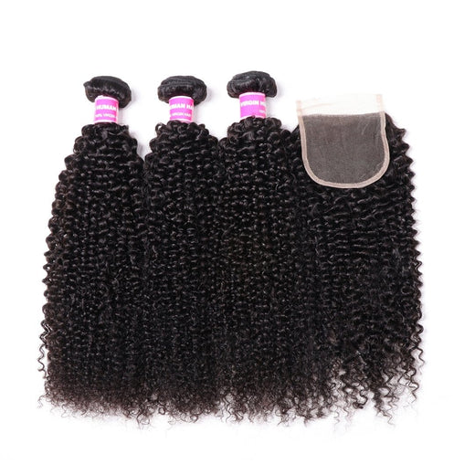 Klaiyi Cabello Rizado Kinky Tejido de Cabello 3 Paquetes con Cierre de Encaje 4x4 100% Tejido de Cabello Humano