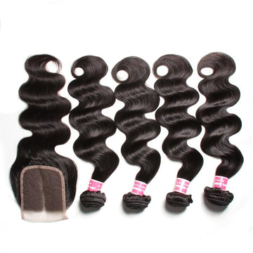 Klaiyi Peruvian Virgin Body Wave 4 Pcs with Lace Closure, 7a Grade Virgin Human Hair Weave Extensions