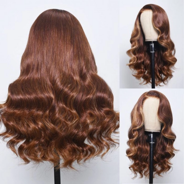 Klaiyi Full 180% 13x4 Lace Front Golden Brown With Flaxen Highlights Loose Wave Wig Flash Sale