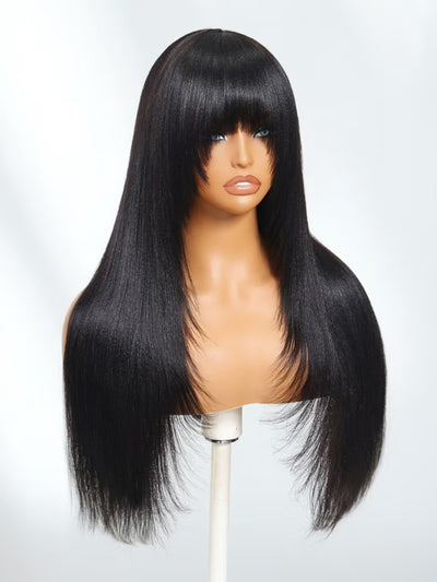 Klaiyi Yaki Straight Human Hair Glueless Wig with Blunt Cut Bangs Natural Black Color