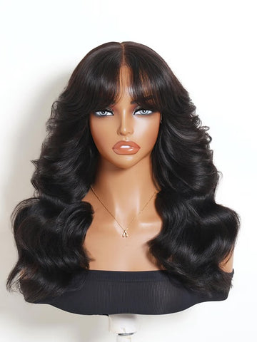 Klaiyi 7x5 Glueless Lace No Slip™ Wig 90s Inspired Layered Blowout Body Wave Human Hair Wig with Curtain Bangs