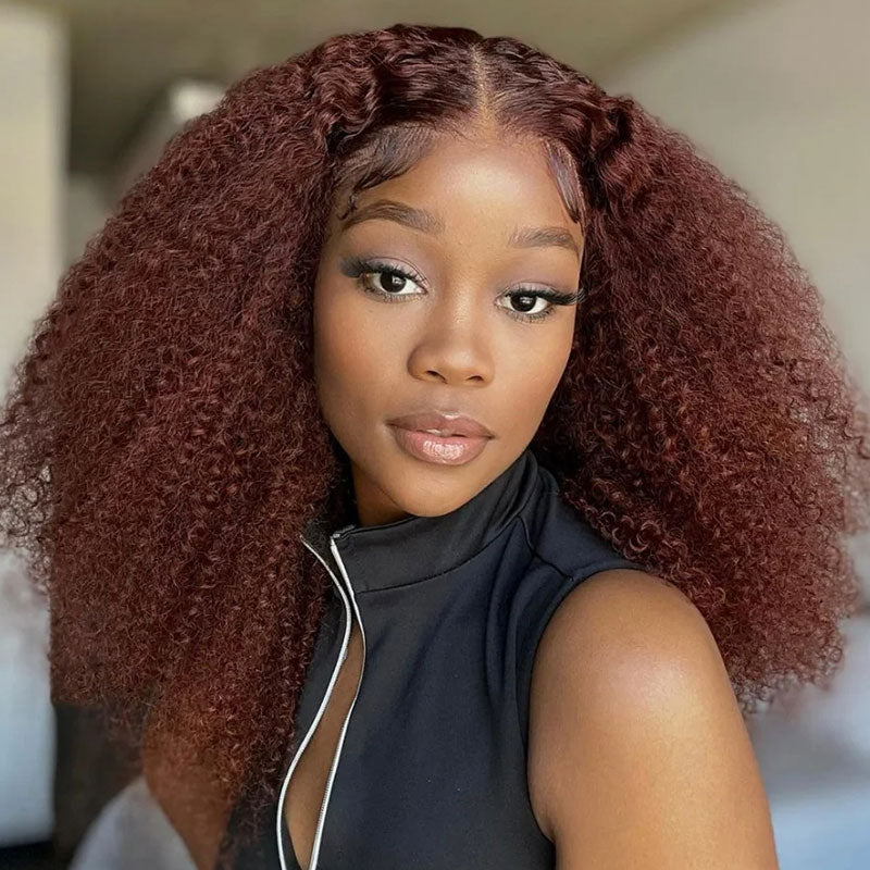 Klaiyi Hair Put On and Go 7x5 Bye Bye Knots Pre-cut Glueless Lace Wig Auburn Brown Color Kinky Curly Human Hair 149$