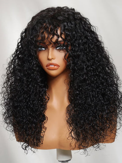 Klaiyi T-Part Shaggy Curly Wig with Bangs Natural Black Afro Curls with Drawstring Glueless Beginner-Friendly