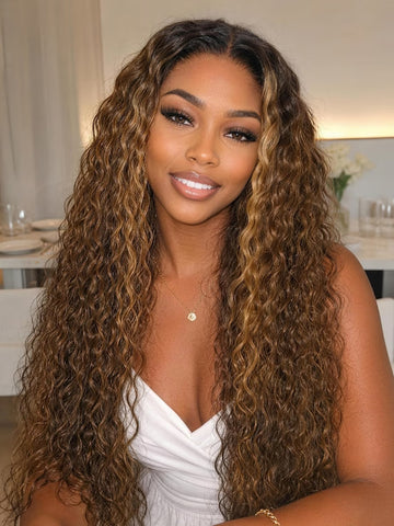 Klaiyi 7x5 No Slip Glueless Lace Brown With Honey Blonde Highlights Water Wave Wig