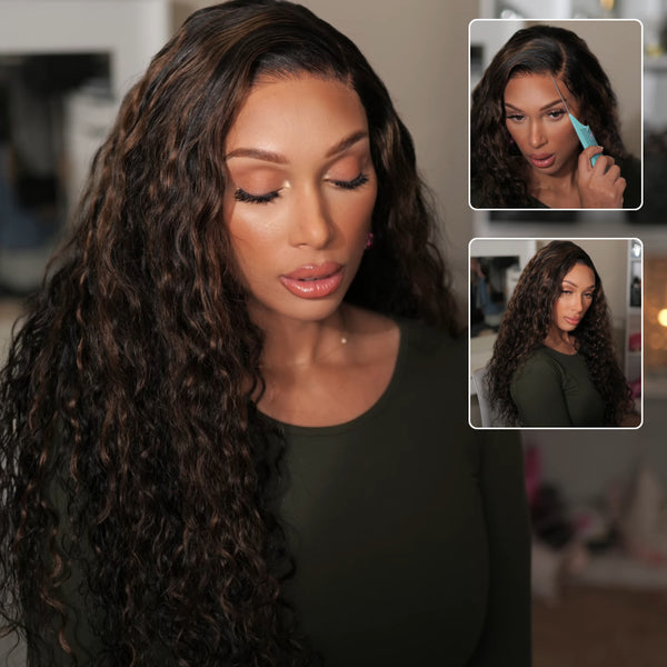 Klaiyi 7x5 Golden Brown Highlight Water Wave Bye Bye Knots Lace Closure Wig 150% Density
