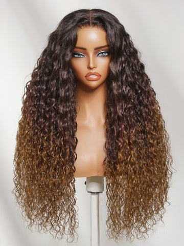 Klaiyi 7x5 No Slip Glueless Lace Wig Ombre Caramel Brown Water Wave Human Hair Wig with Drawstring