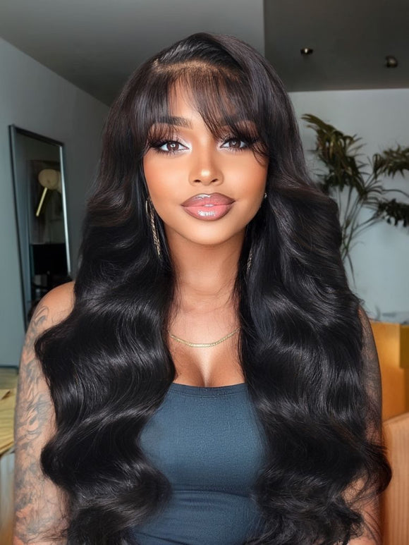 Klaiyi 13x4 Pre everything™ Lace Frontal Fluffy Natural Loose Body Wave With Vintage Air Bangs Put on and Go Glueless Human Hair Wigs