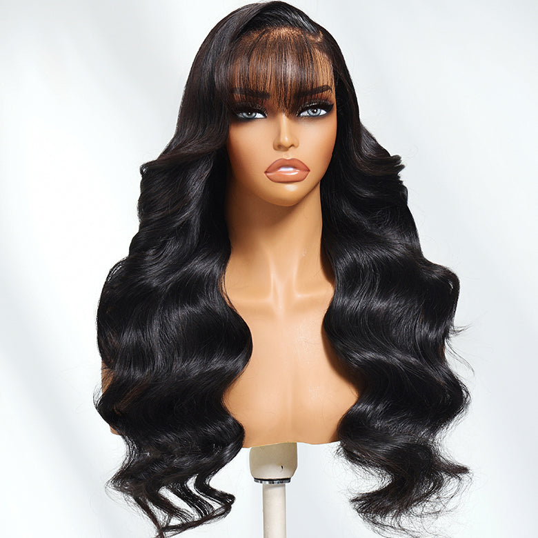 Klaiyi 13x4 Pre everything™ Lace Frontal Fluffy Natural Loose Body Wave With Vintage Air Bangs Put on and Go Glueless Human Hair Wigs