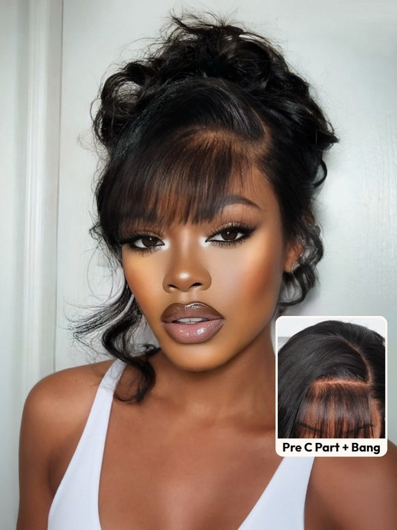 Klaiyi 13x4 Pre everything™ Lace Frontal Fluffy Natural Loose Body Wave With Vintage Air Bangs Put on and Go Glueless Human Hair Wigs
