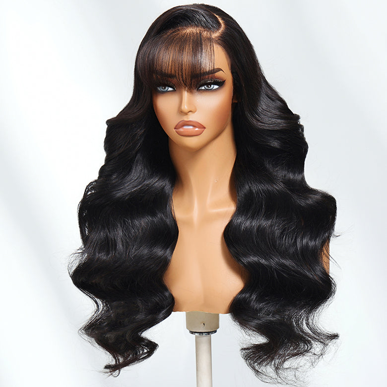 Klaiyi 13x4 Pre everything™ Lace Frontal Fluffy Natural Loose Body Wave With Vintage Air Bangs Put on and Go Glueless Human Hair Wigs