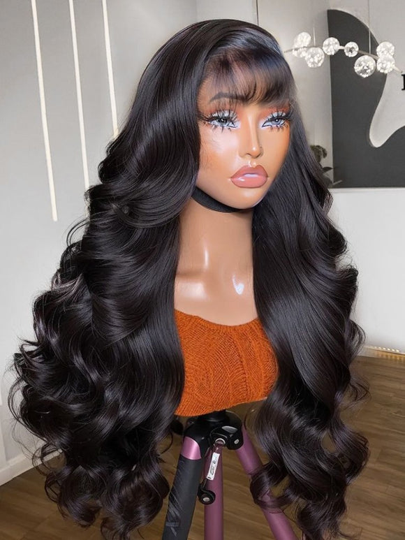 Klaiyi 13x4 Pre everything™ Lace Frontal Fluffy Natural Loose Body Wave With Vintage Air Bangs Put on and Go Glueless Human Hair Wigs