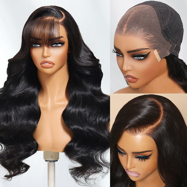 Klaiyi 13x4 Pre everything™ Lace Frontal Fluffy Natural Loose Body Wave With Vintage Air Bangs Put on and Go Glueless Human Hair Wigs