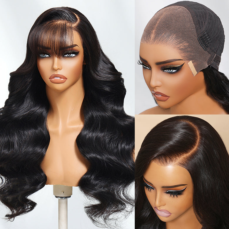 Klaiyi 13x4 Pre everything™ Lace Frontal Fluffy Natural Loose Body Wave With Vintage Air Bangs Put on and Go Glueless Human Hair Wigs