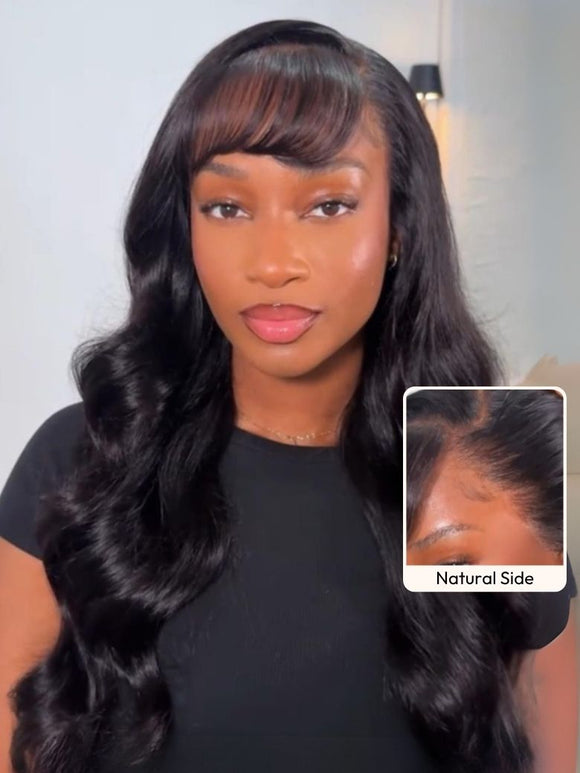 Klaiyi 13x4 Pre everything™ Lace Frontal Fluffy Natural Loose Body Wave With Vintage Air Bangs Put on and Go Glueless Human Hair Wigs