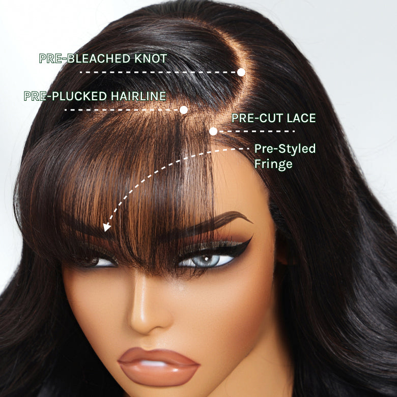 Klaiyi 13x4 Pre everything™ Lace Frontal Fluffy Natural Loose Body Wave With Vintage Air Bangs Put on and Go Glueless Human Hair Wigs