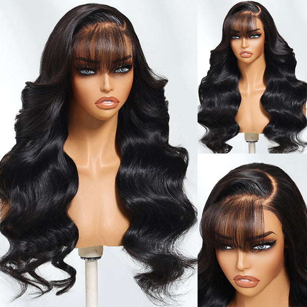Klaiyi 13x4 Pre everything™ Lace Frontal Fluffy Natural Loose Body Wave With Vintage Air Bangs Put on and Go Glueless Human Hair Wigs