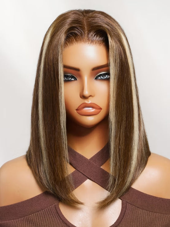 Perruque Klaiyi Black Cherry 7x5 Bye Bye Knots Blow Out Bob sans colle avec frange rideau, volume naturel 