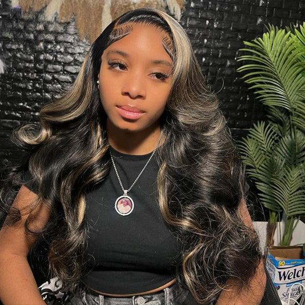 Klaiyi 1B/Gray Blonde Highlights 7x5 Bye Bye Knots Loose Wave Wig Put on and Go Glueless Wig