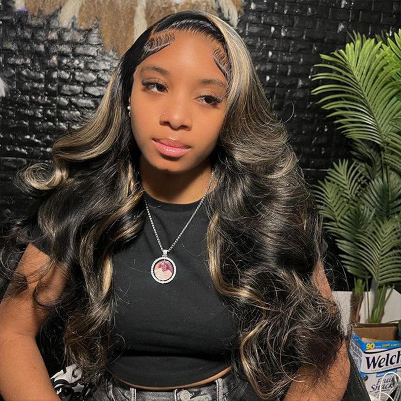 Klaiyi 1B/Gray Blonde Highlights 7x5 Bye Bye Knots Loose Wave Wig Put on and Go Glueless Wig