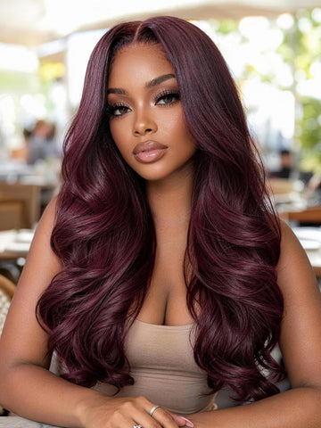 Klaiyi 7x5 Bye Bye Knots No Slip Glueless Lace Wig Burgundy Red Layered Body Wave Human Hair Wig