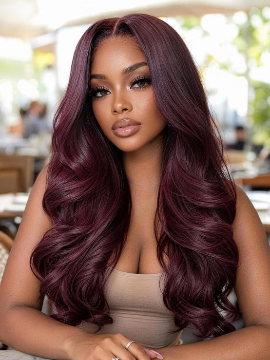 Klaiyi 7x5 Bye Bye Knots No Slip Glueless Lace Wig Burgundy Red Layered Body Wave Human Hair Wig