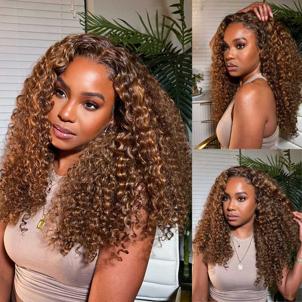 Klaiyi Ombre Highlight Piano Brown Kinky Curly 13x4 Lace Front Wigs Balayage Human Hair