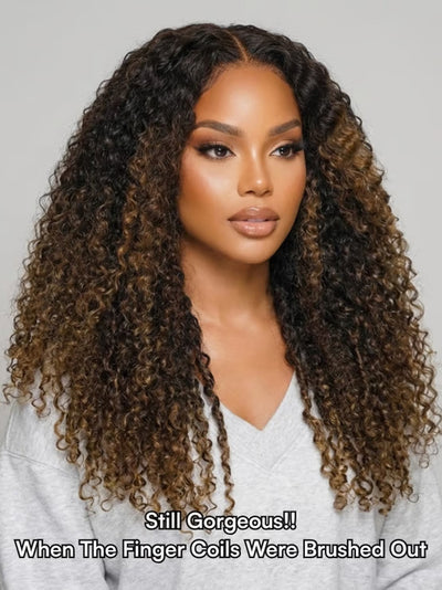 Klaiyi Ombre Chestnut Brown 7x5 Burmese Curly Wig with Finger Coil Ends Put On and Go Glueless Human Hair with Invisi Drawstring