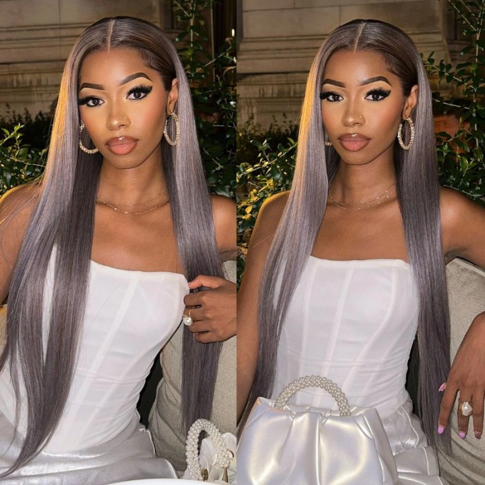 Klaiyi Brown Roots with Punky Gray Highlights Multicolor Wigs Body Wave Human Hair