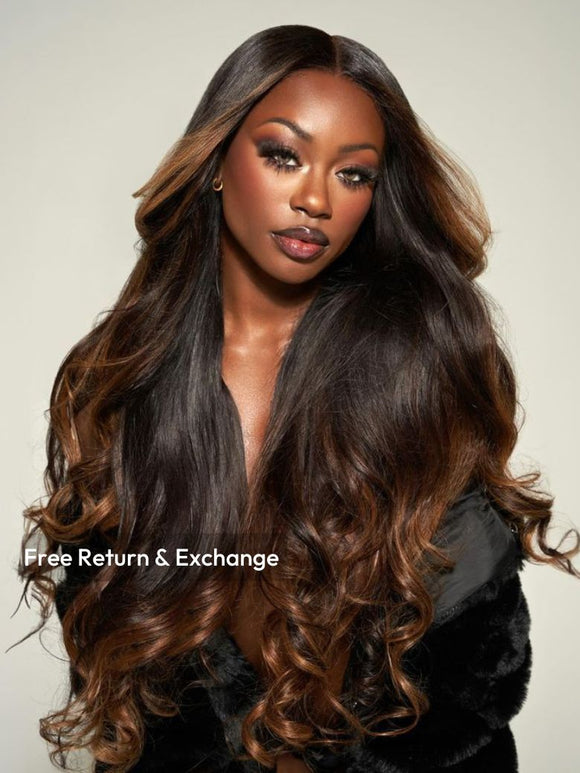 Klaiyi Bye Bye Knots Wig 7x5 Glueless Lace Black to Chestnut Brown Ombre Loose Wave Wig With Bleached Knots Flash Sale